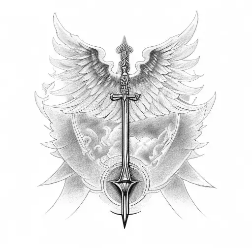 a sword with angel wings with latin phrase "Sic Transit Gloria Mundi" tattoo design idea