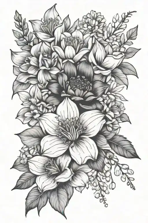 October, December, December, April, July, December, January, April birth flower bouquet  tattoo design idea