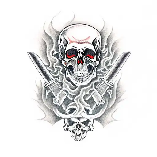 death skull with sword and flames tattoo design idea