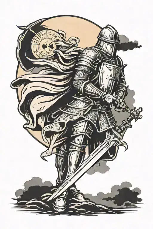 Medieval knight clutching his sword underneath a dark sky with the sun piercing the clouds. tattoo design idea