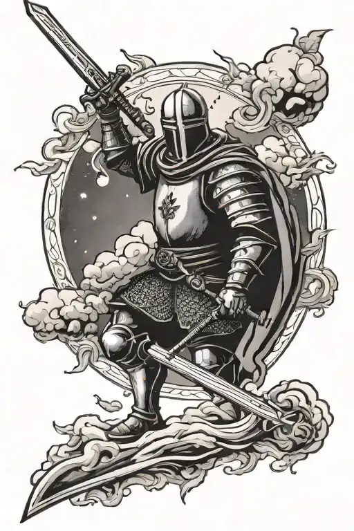 Medieval knight holding sword underneath a dark sky with a sun piercing the clouds tattoo design idea
