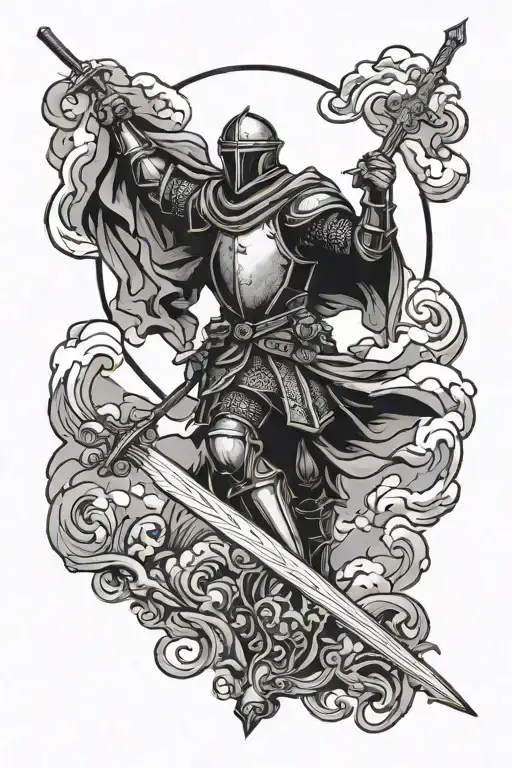 Medieval knight clutching his sword underneath a dark sky with the sun piercing the clouds. tattoo design idea