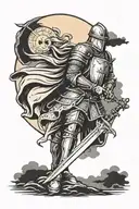 Medieval knight clutching his sword underneath a dark sky with the sun piercing the clouds. tattoo design idea