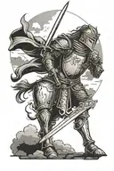 Medieval knight clutching his sword underneath a dark sky with the sun piercing the clouds. tattoo design idea