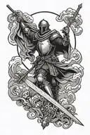Medieval knight clutching his sword underneath a dark sky with the sun piercing the clouds. tattoo design idea