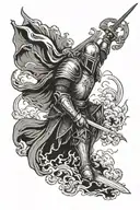 Medieval knight clutching his sword underneath a dark sky with the sun piercing the clouds. tattoo design idea