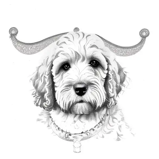 Outline of surrey england with the outline on a labradoodle mini laying down layered over it tattoo design idea