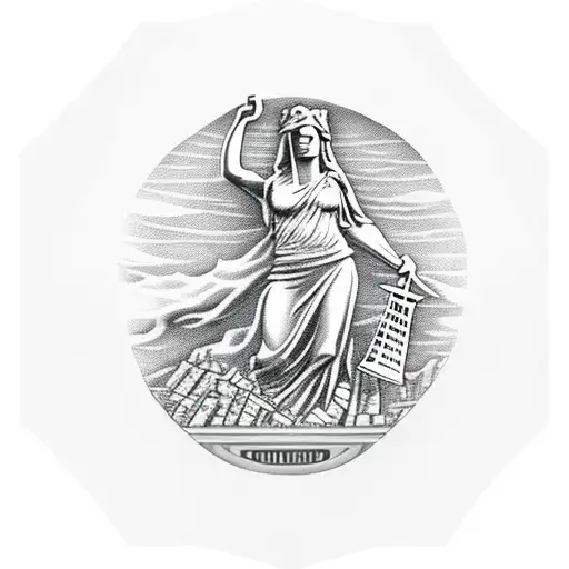 lady justice statue with $100 dollar bill over her eyes and the background is a city on fire tattoo design idea