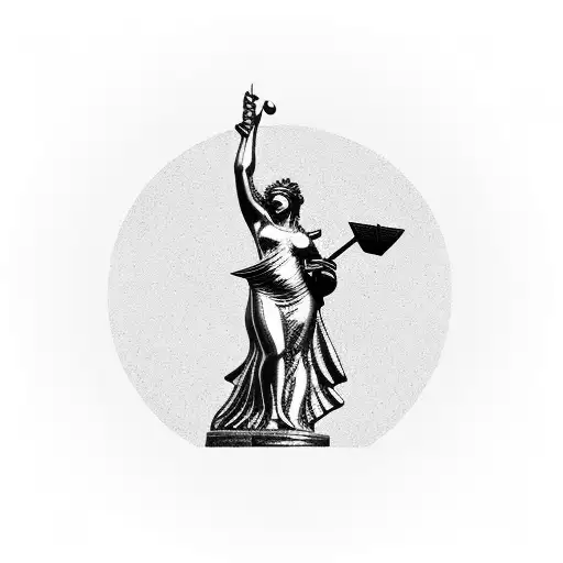 lady justice statue with $100 dollar bill over her eyes and the background is a city on fire tattoo design idea