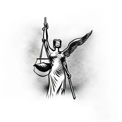 lady justice statue with $100 dollar bill over her eyes and the background is a city on fire tattoo design idea