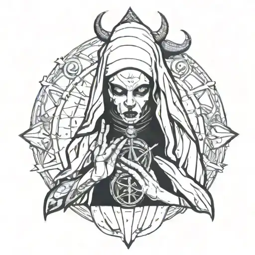 sexy satanic nun praying with gagball on her mouth tattoo design idea