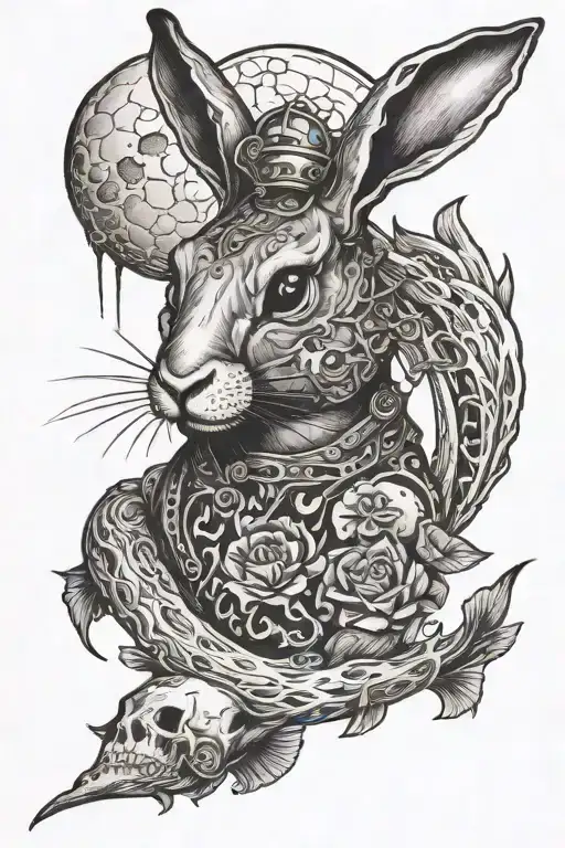 hare and fish on the moon with a skull tattoo design idea