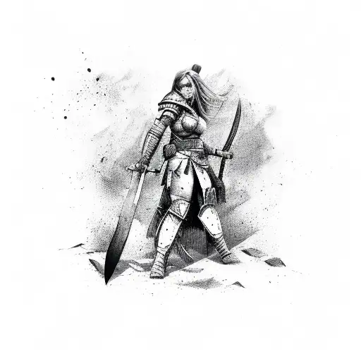 female warrior with axe in battle tattoo design idea