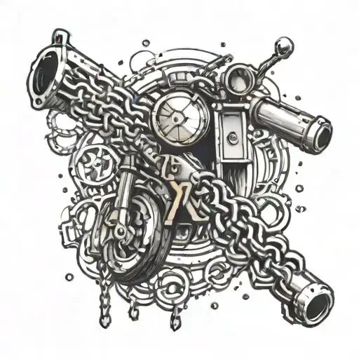 Create a tattoo of a motorcycle chain intertwined with a gun barrel, symbolizing strength and protection tattoo design idea