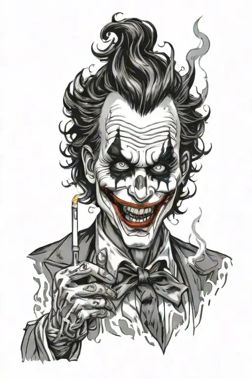 Black and white illustration of The Joker lighting a cigarette off a burning house. tattoo design idea