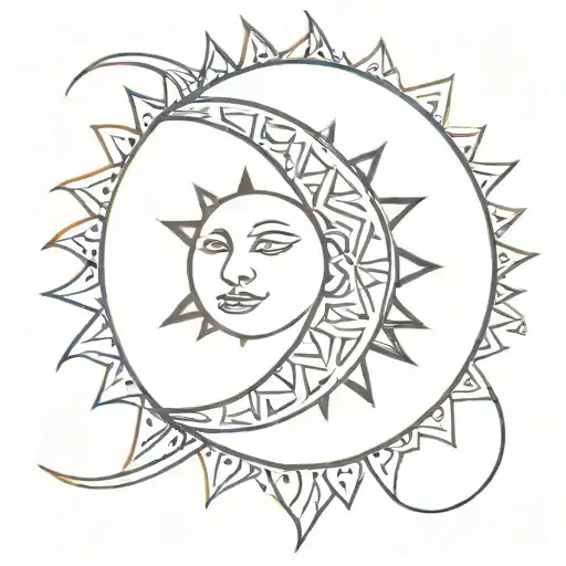 A minimalist tattoo of the sun and moon with intricate geometric patterns radiating outwards tattoo design idea