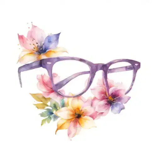 purple eyeglass with 2 colourful flowers ontop  tattoo design idea
