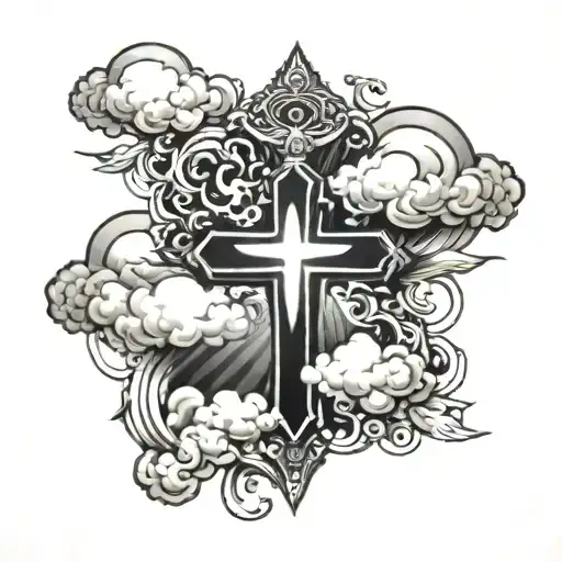 cross and clouds surrounding tattoo design idea