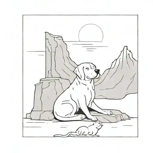 dog and a cat sitting on there side of an angel who is crying over a tombstone on a beach and behind it is the mountains tattoo design idea