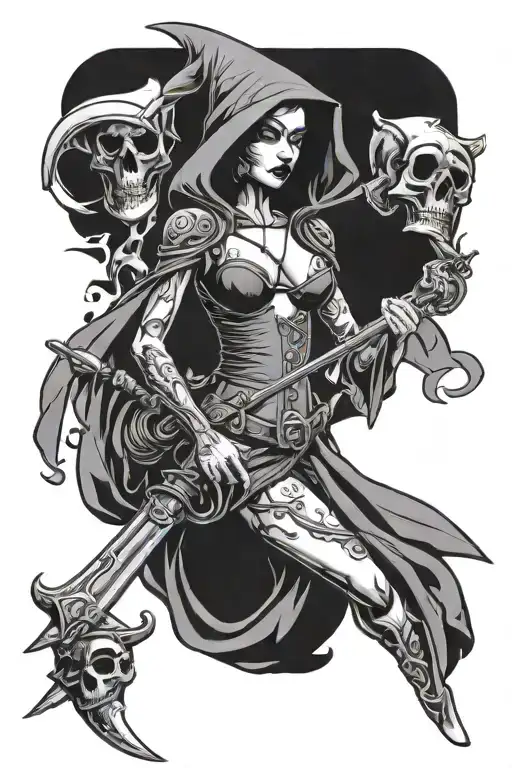 Female grim reaper pinup sexy woman  full body with traditional weapon tattoo design idea