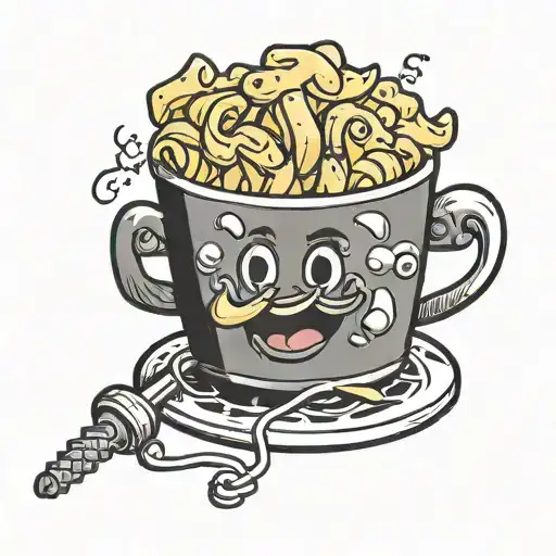 cartoon pot of Mac and cheese singing karaoke microphone singing tattoo design idea