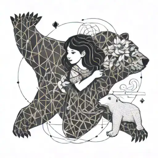 Little girl with flowers in her hair playing with polar bear cub and waves around them tattoo design idea