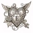 black and white simple tattoo of A smiling heart with a lock and a key and the initials e, r, g tattoo design idea