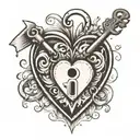 black and white simple tattoo of A smiling heart with a lock and a key and the initials e, r, g tattoo design idea