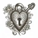 black and white simple tattoo of A smiling heart with a lock and a key and the initials e, r, g tattoo design idea