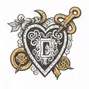 black and white simple tattoo of A smiling heart with a lock and a key and the initials e, r, g tattoo design idea