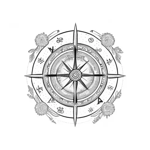 Circle with Vegvisir compass viking ruin. One continuous line art style. Small flowers and leaves for background.  tattoo design idea