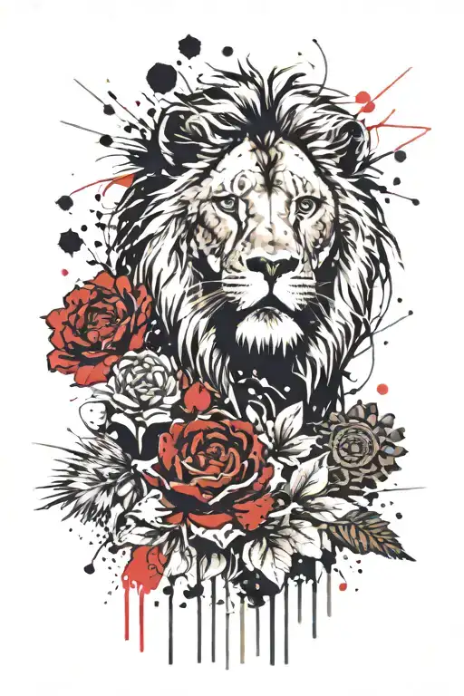 lion flowers sun rays tattoo design idea