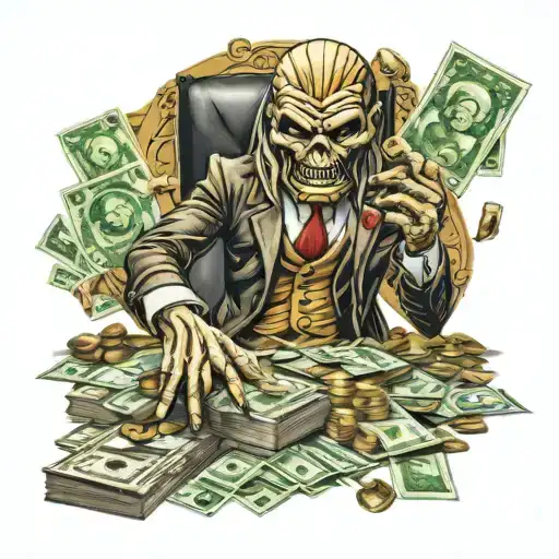 A CFO counting money with Iron Maiden's Eddie mascot in the background in a new-school style tattoo tattoo design idea