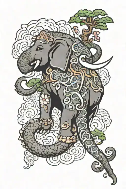 arm sleeve with traditional Elephant on top and Japanese dragon going around arm  tattoo design idea