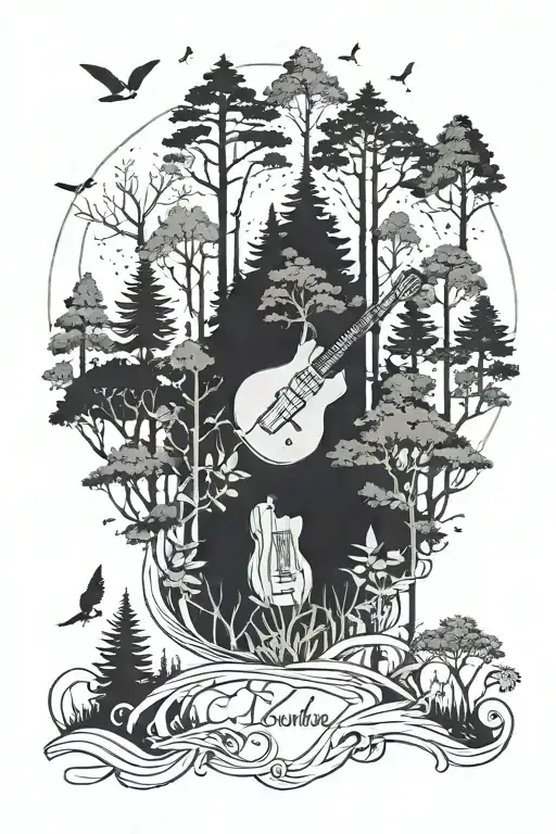 A forest scene with hidden guitar shapes and your sons' names subtly integrated into the foliage tattoo design idea