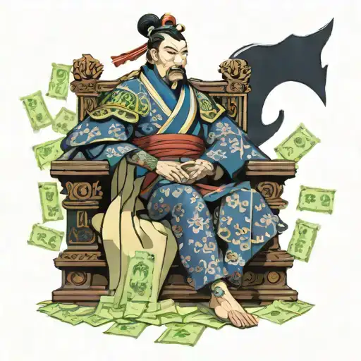Samurai Emperor of a dynasty sitting on a throne surrounded by stacks of money instead of traditional treasures tattoo design idea
