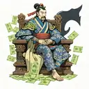 Samurai Emperor of a dynasty sitting on a throne surrounded by stacks of money instead of traditional treasures tattoo design idea