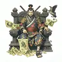 Samurai Emperor of a dynasty sitting on a throne surrounded by stacks of money instead of traditional treasures tattoo design idea