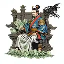 Samurai Emperor of a dynasty sitting on a throne surrounded by stacks of money instead of traditional treasures tattoo design idea