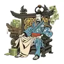 Samurai Emperor of a dynasty sitting on a throne surrounded by stacks of money instead of traditional treasures tattoo design idea