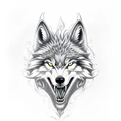Fenrir, the Norse wolf, in a fierce battle with a dragon tattoo design idea