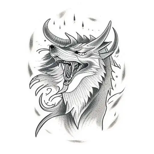 Fenrir, the Norse wolf, in a fierce battle with a dragon tattoo design idea