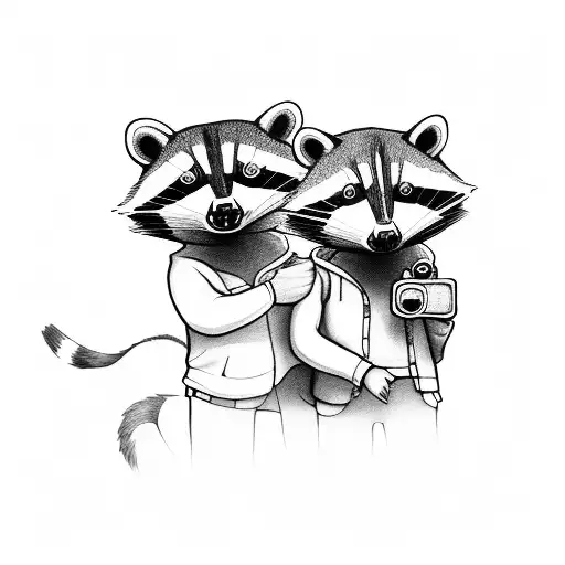 girl and boy racoon holding cameras tattoo design idea