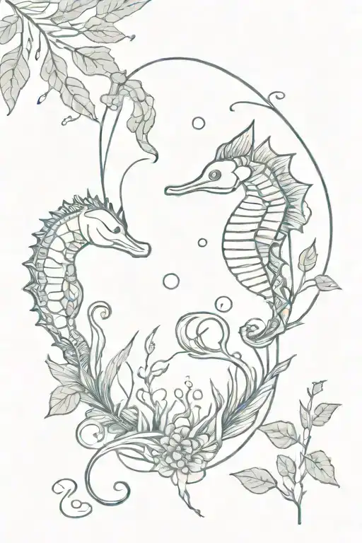 a cuff tattoo on the theme of the sea with marine animals, seaweed and in the center a seahorse  tattoo design idea