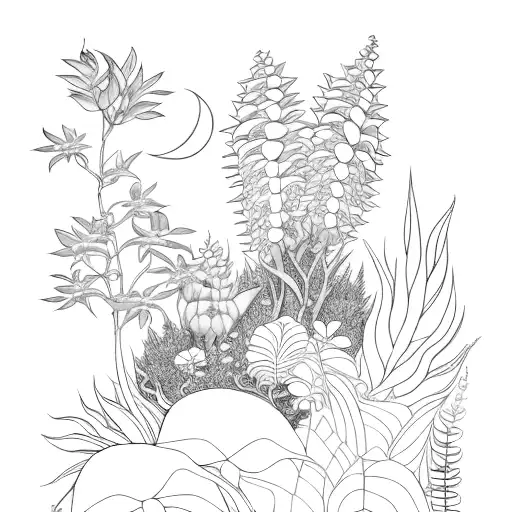A realistic tattoo of a botanical scene with Miyazaki monsters hidden among the plants tattoo design idea
