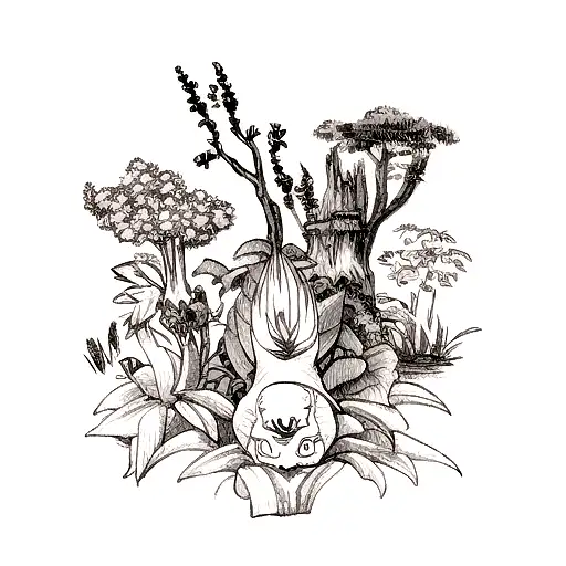 A realistic tattoo of a botanical scene with Miyazaki monsters hidden among the plants tattoo design idea