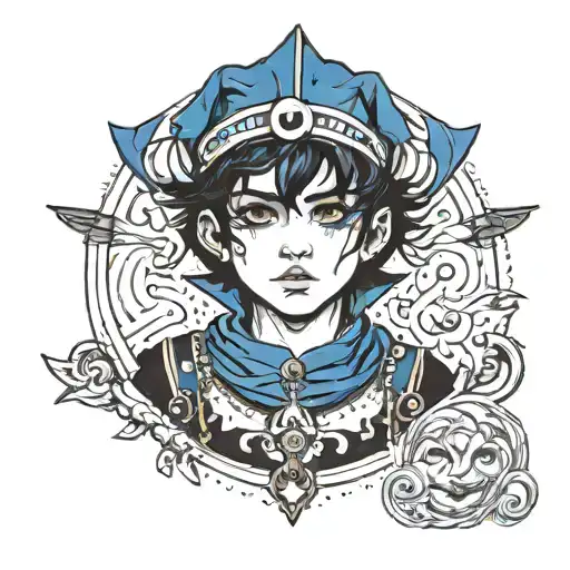boy with black hair and dark blue eyes in jester outfit  tattoo design idea