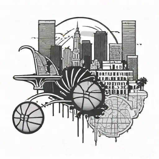 A New Orleans skyline with a basketball court overlay tattoo design idea