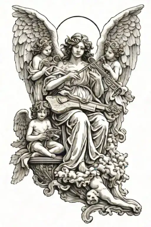 3 angels one above the other, each sitting on a cloud, one plays the harp, one has a book in his hand and one is praying tattoo design idea