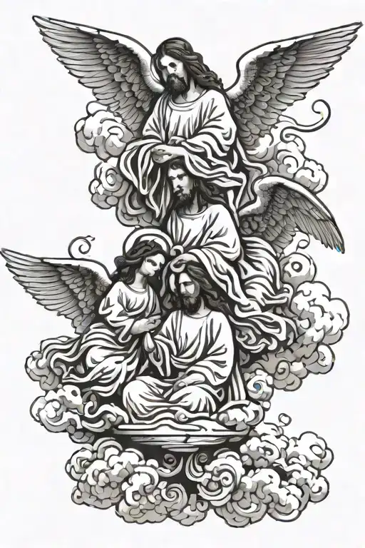 3 angels each above the other each sitting on a separate cloud and Jesus is above them  tattoo design idea